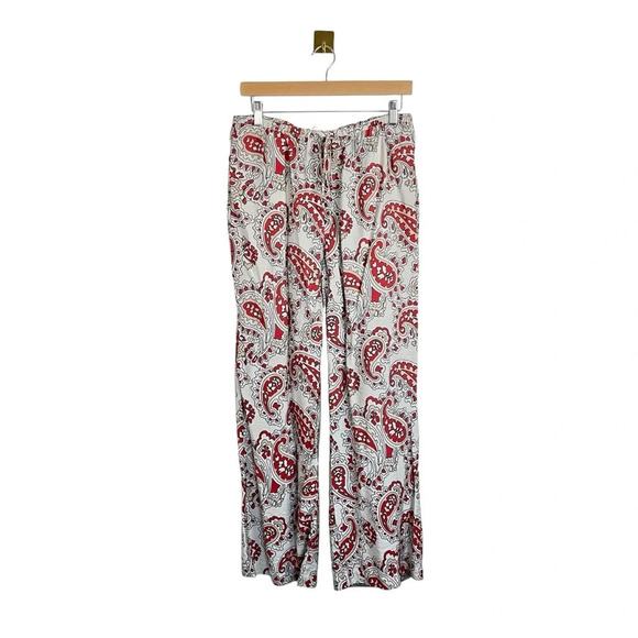H&M High Rise Wide Leg Paisley Pull On Pants in White/Red Size M - Picture 4 of 10